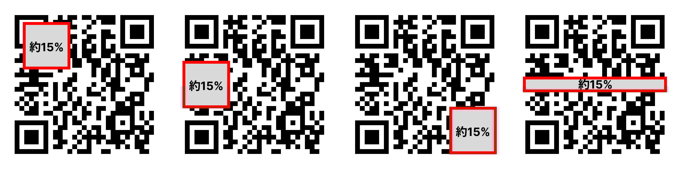 欠損率を15%に固定し、位置を変更したQRコード